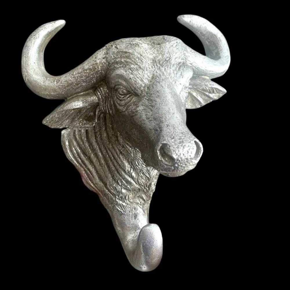 Buffalo Head Detailed Wall Hook Coat Hat Key Hanger In Brushed Silver Finish